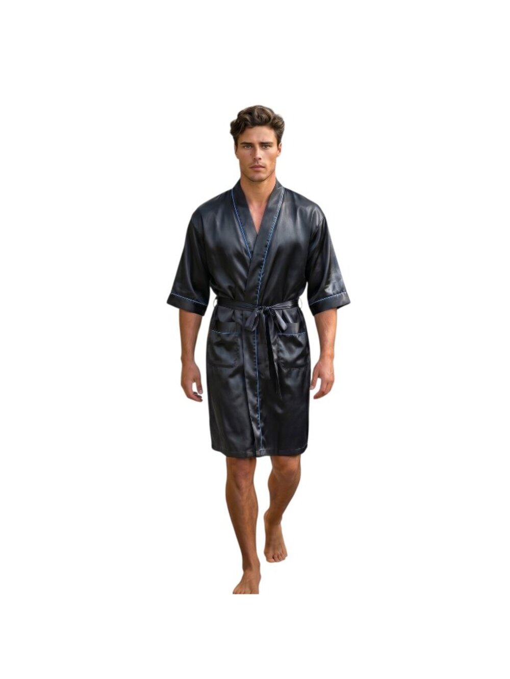 VTG Mens Satin Robe Black Blue Trim Sz One Size Mid-length Shiny Sexy‎